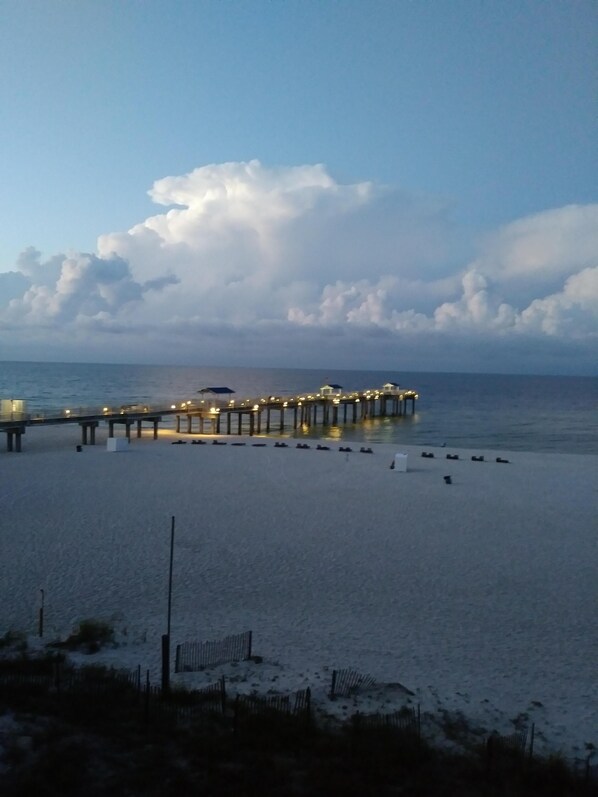 On the beach, sun-loungers