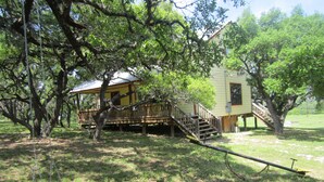 A rustic cabin with a wooden deck and stairs leading to a porch, surrounded by trees. - One and a half miles from the Frio River! The stars at night are big and bright! (Leakey)