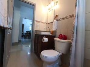 Une salle de bain équipée de toilettes, d’un lavabo et d’un meuble-lavabo. On y trouve un rideau de douche et un porte-serviettes.