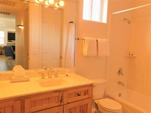 Combined shower/tub, hair dryer, towels