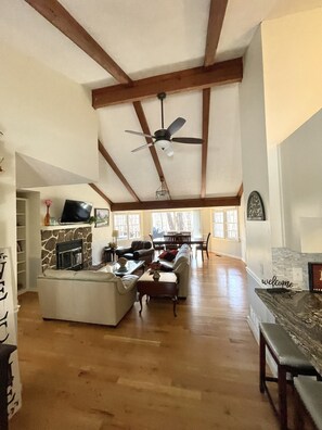 Smart TV, caminetto, libri, impianto stereo