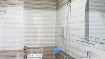 Shower, free toiletries, slippers, towels