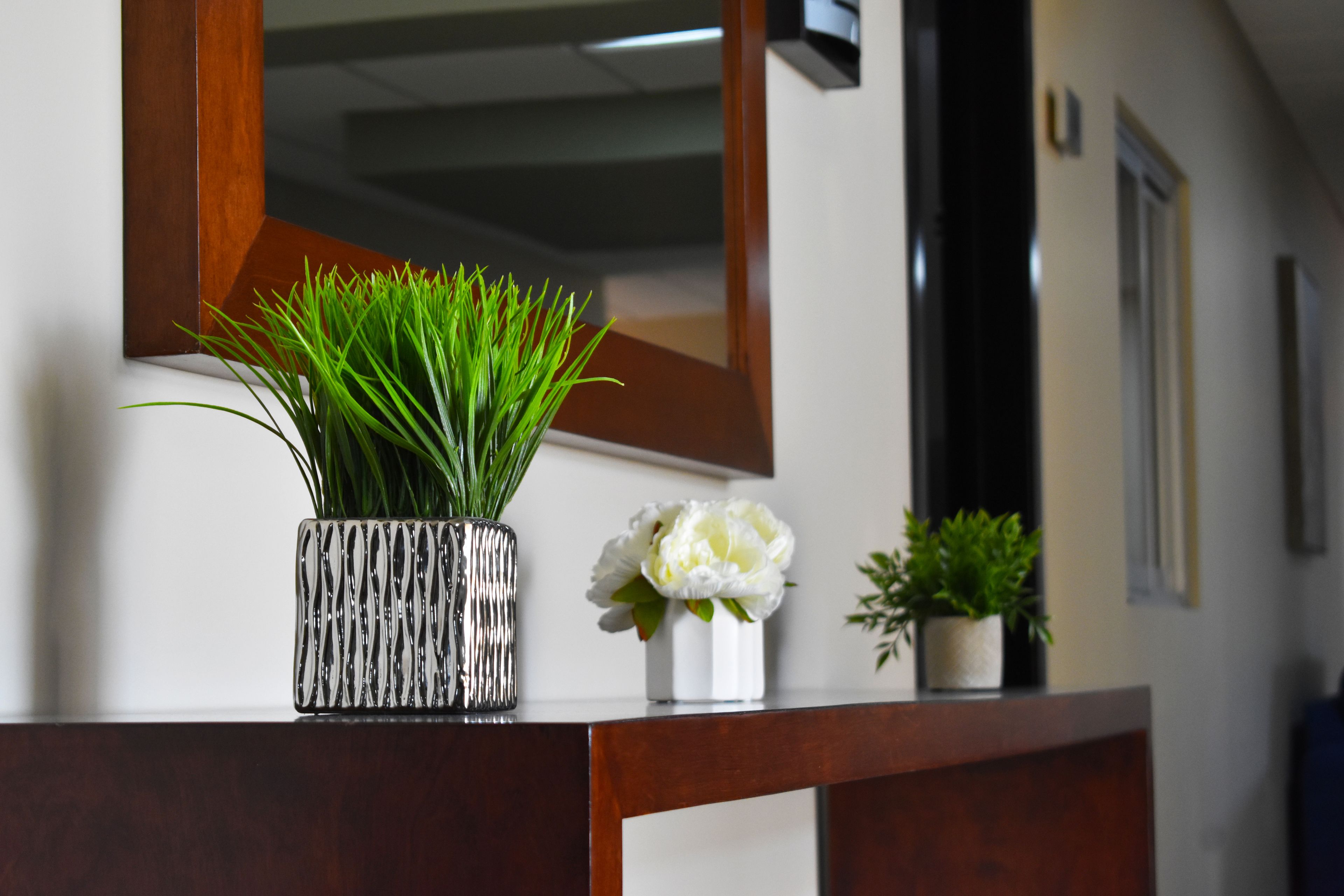 A reception desk with a mirror, a potted plant, and a vase with flowers.