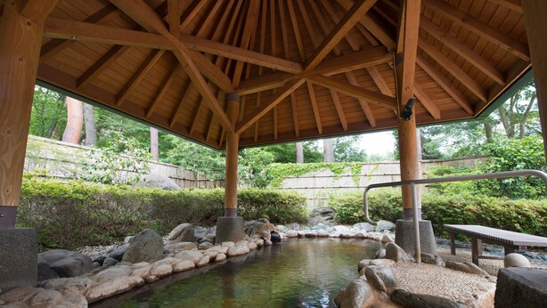 A wooden pavilion with a stone pond and surrounding rocks.