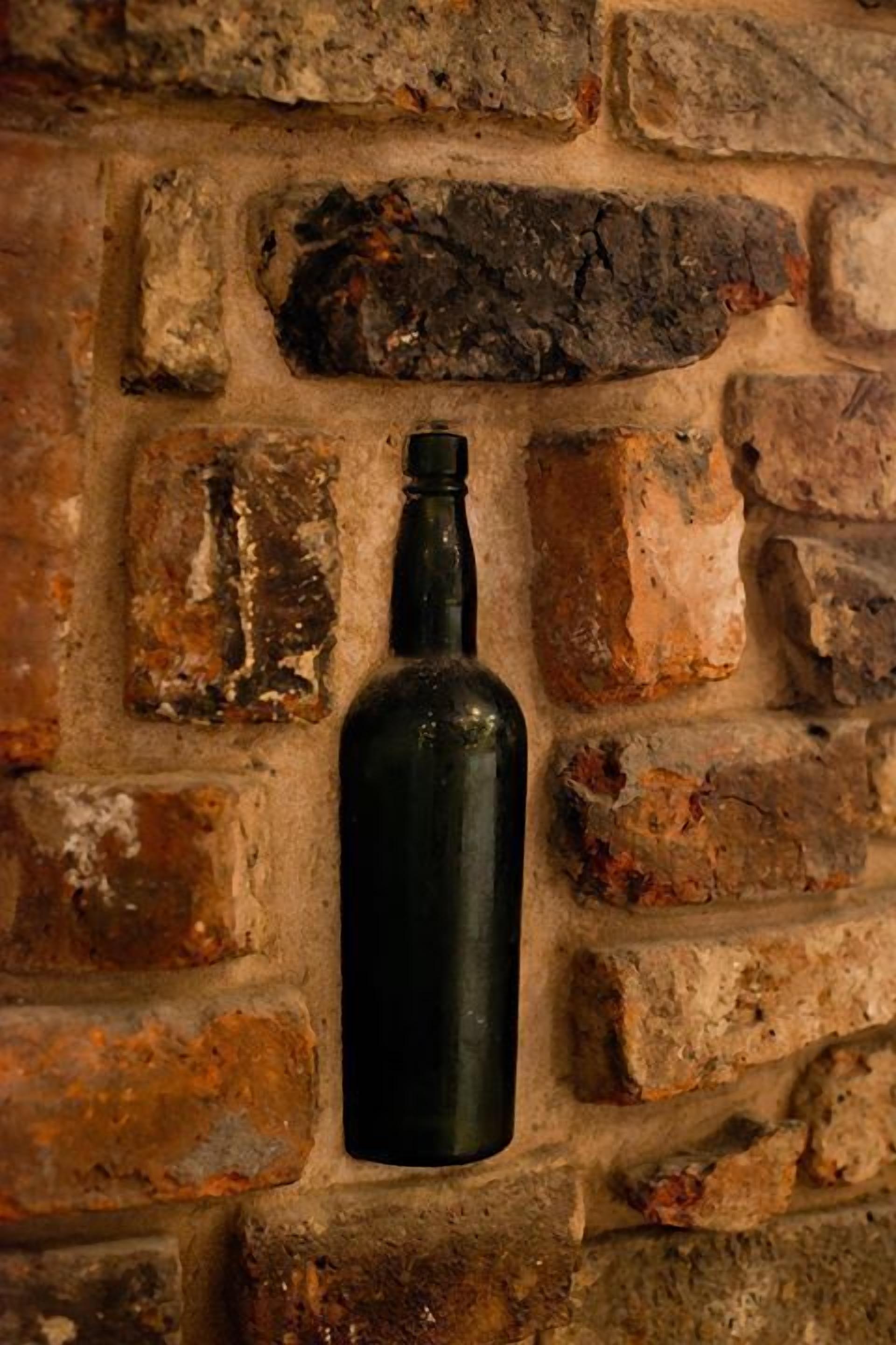 Una botella negra sobre un muro de ladrillo.