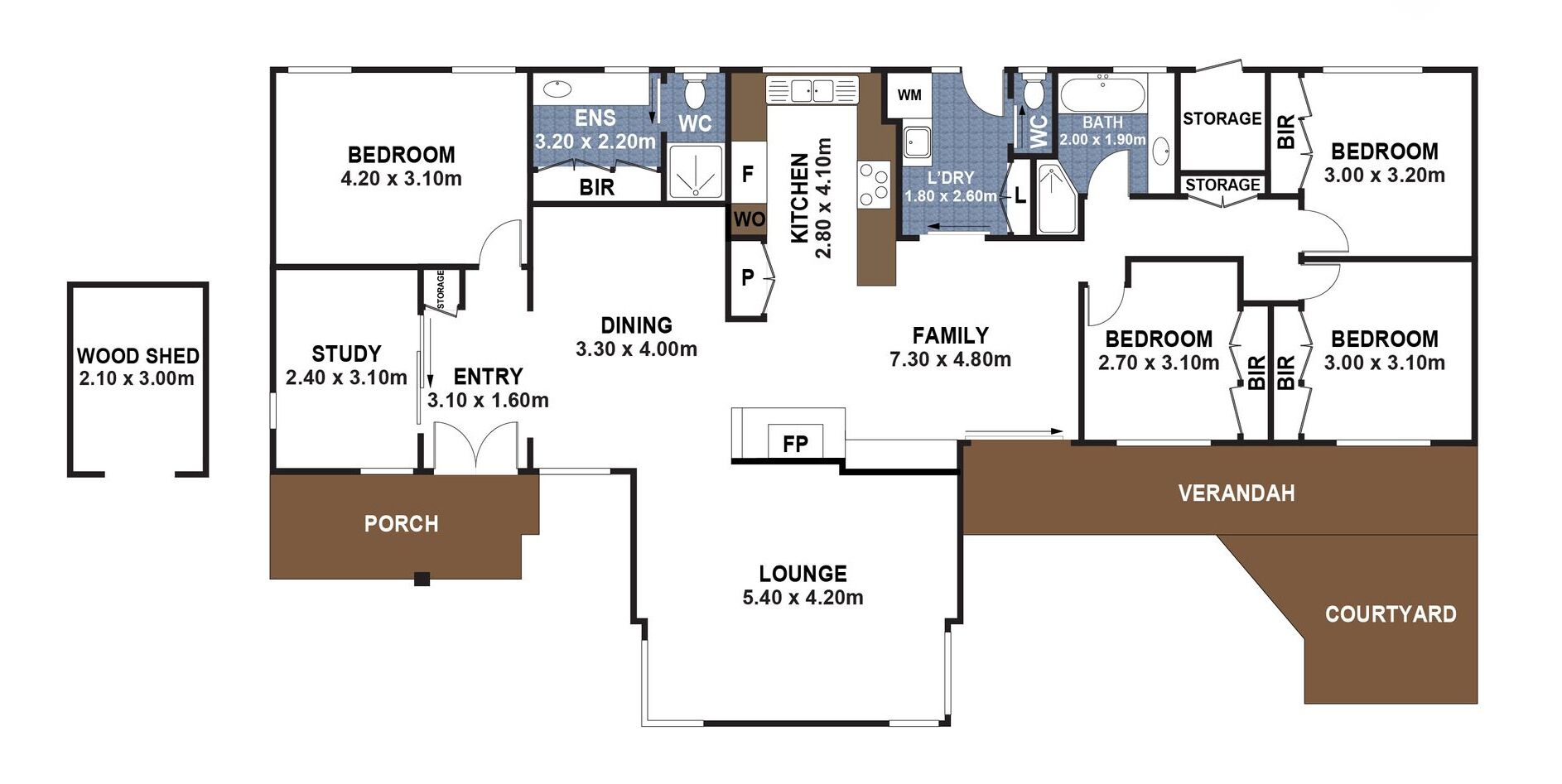 A floor plan of a house with a study, bedrooms, a dining area, a kitchen, a bathroom, a lounge, a porch, and a courtyard.