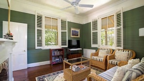 Smart TV, fireplace, DVD player, books