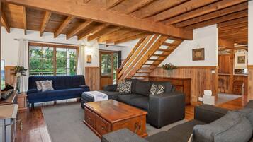 Smart TV, fireplace, DVD player, books