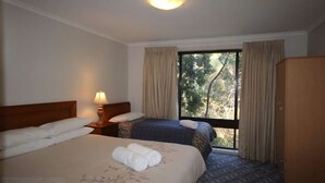 Una habitación de hotel con dos camas, una mesita de noche con lámpara, un armario y una ventana con cortinas.