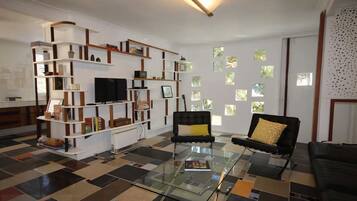 Smart-TV, Kamin, DVD-Player, Bücher