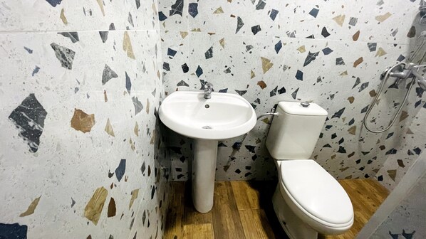Un baño con un lavamanos pedestal blanco, un inodoro y una zona de ducha.