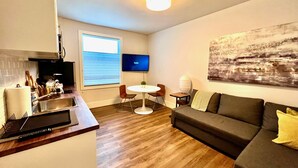 Ein modernes Wohnzimmer mit einer Couch, einem Esstisch und einer Küchenzeile inklusive Spüle und Herd.