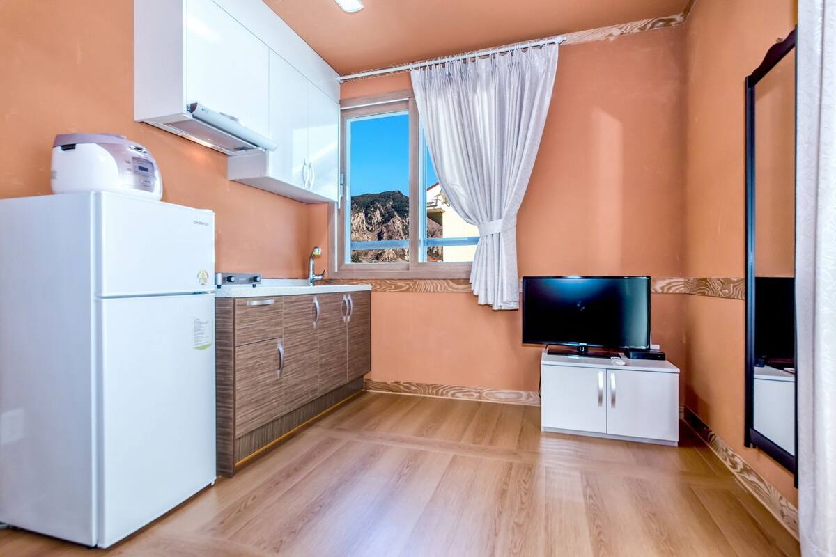 A compact kitchen with a refrigerator, stove, and sink, a television, and a window with a view of a mountainous landscape.
