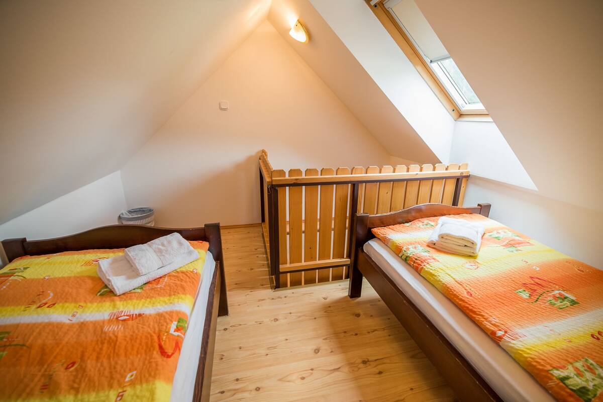 A small, cozy room with two wooden beds, a sloped ceiling, and a skylight.
