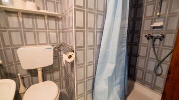 Un baño con inodoro, zona de ducha y pared de azulejos estampados.