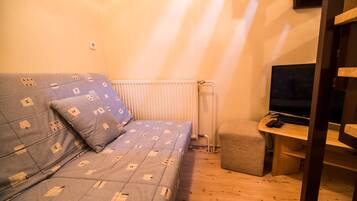 A small, cozy room with a sofa, a television, and a radiator.