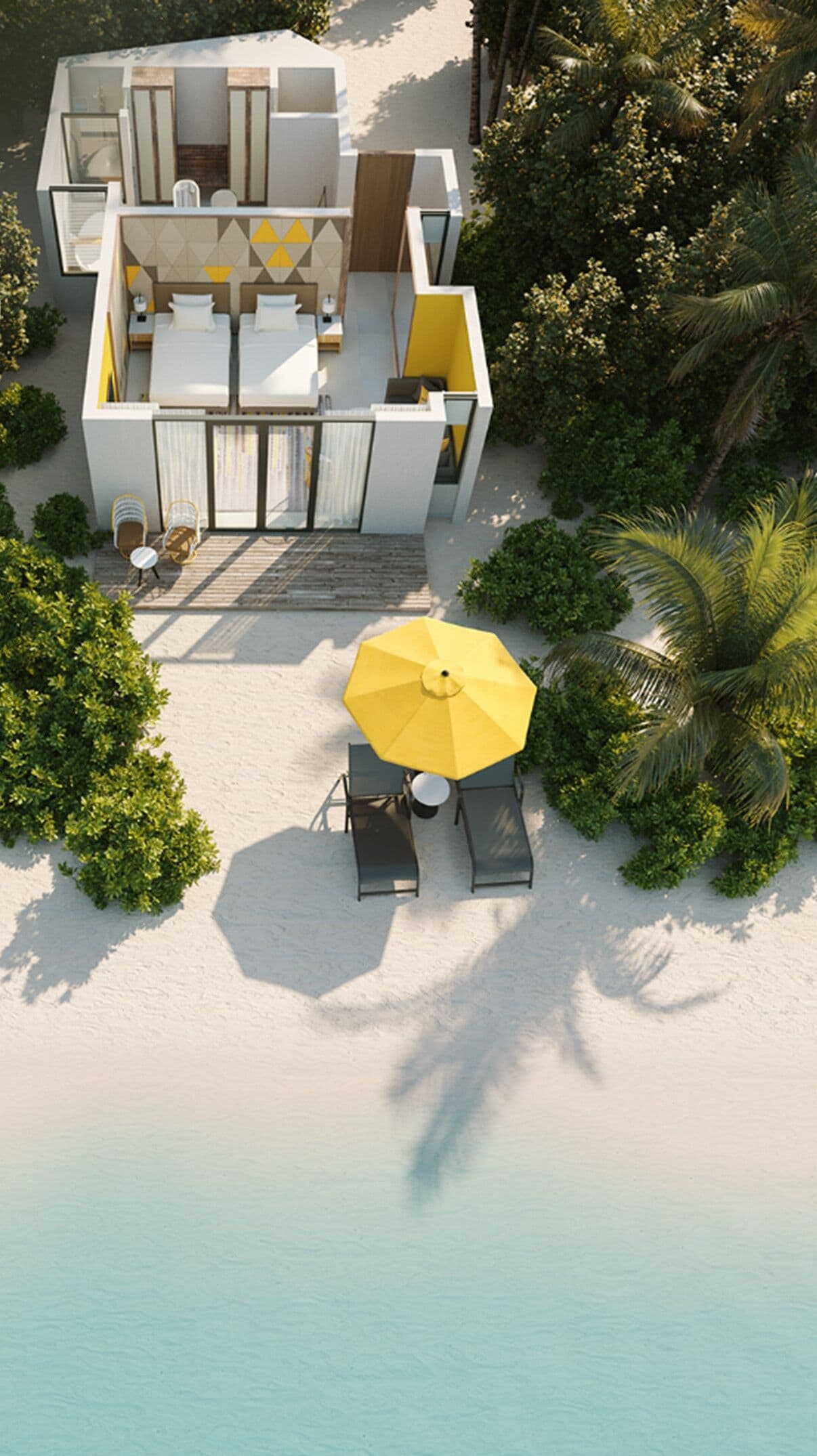 Una villa frente al mar con piscina, mobiliario exterior y abundante vegetación.