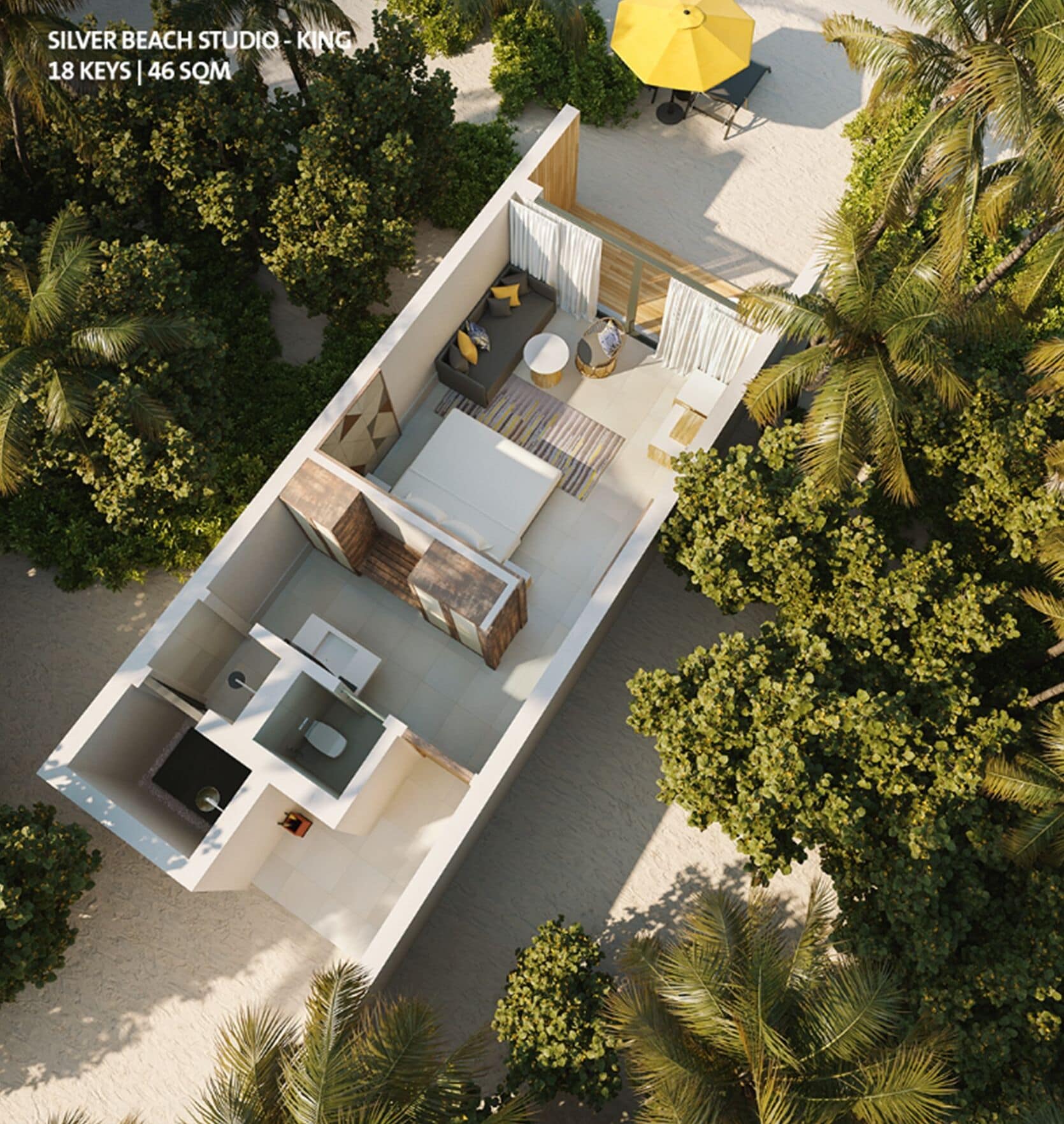 A modern, compact studio apartment with 18 keys and 46 square meters, featuring a balcony with a yellow umbrella, surrounded by lush greenery.