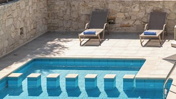 Outdoor pool, pool umbrellas, pool loungers