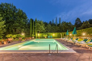 Seasonal outdoor pool, pool umbrellas, pool loungers