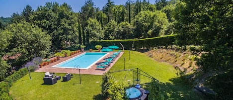 Seasonal outdoor pool, pool umbrellas, pool loungers