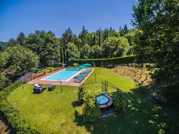 Seasonal outdoor pool, pool umbrellas, pool loungers
