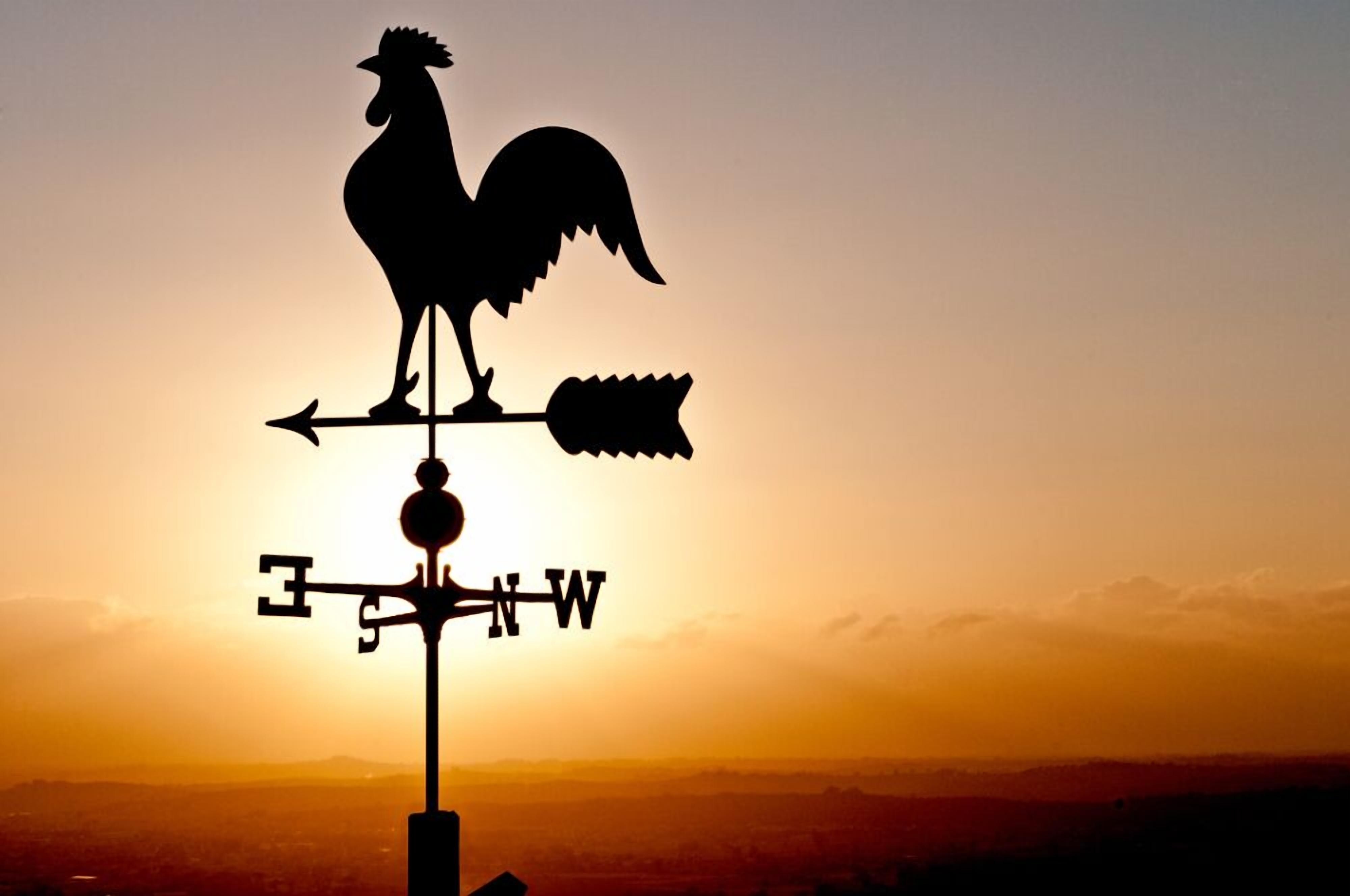 Ein hahnförmiger Windrichtungszeiger vor einem Sonnenuntergang.