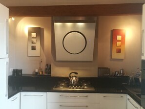 Panoramic Penthouse, Terrace (Attic) | Private kitchen | Full-size fridge, oven, coffee/tea maker, cookware/dishes/utensils