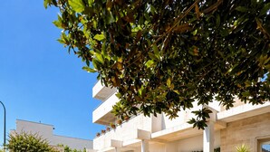 Un bâtiment moderne doté d’une cour intérieure, entourée de diverses plantes et arbustes.