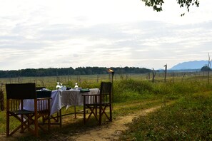 An outdoor dining area with a table set for two, surrounded by chairs, in a grassy field with a mountain in the background. - Explorer by Eco Team- Gal Oya National Park (Madulla)