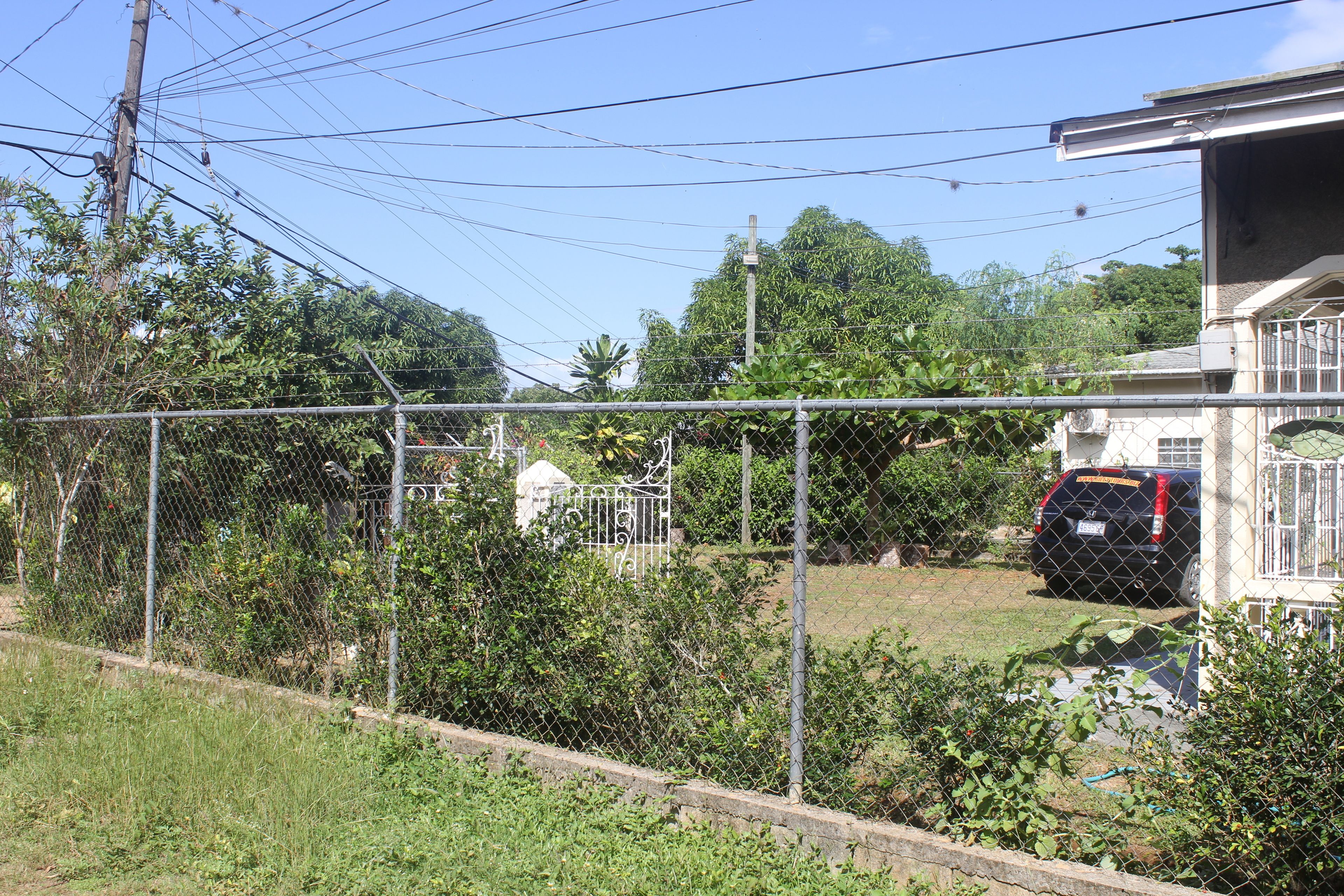 A fenced yard with a car parked inside, surrounded by greenery and a building with a balcony.