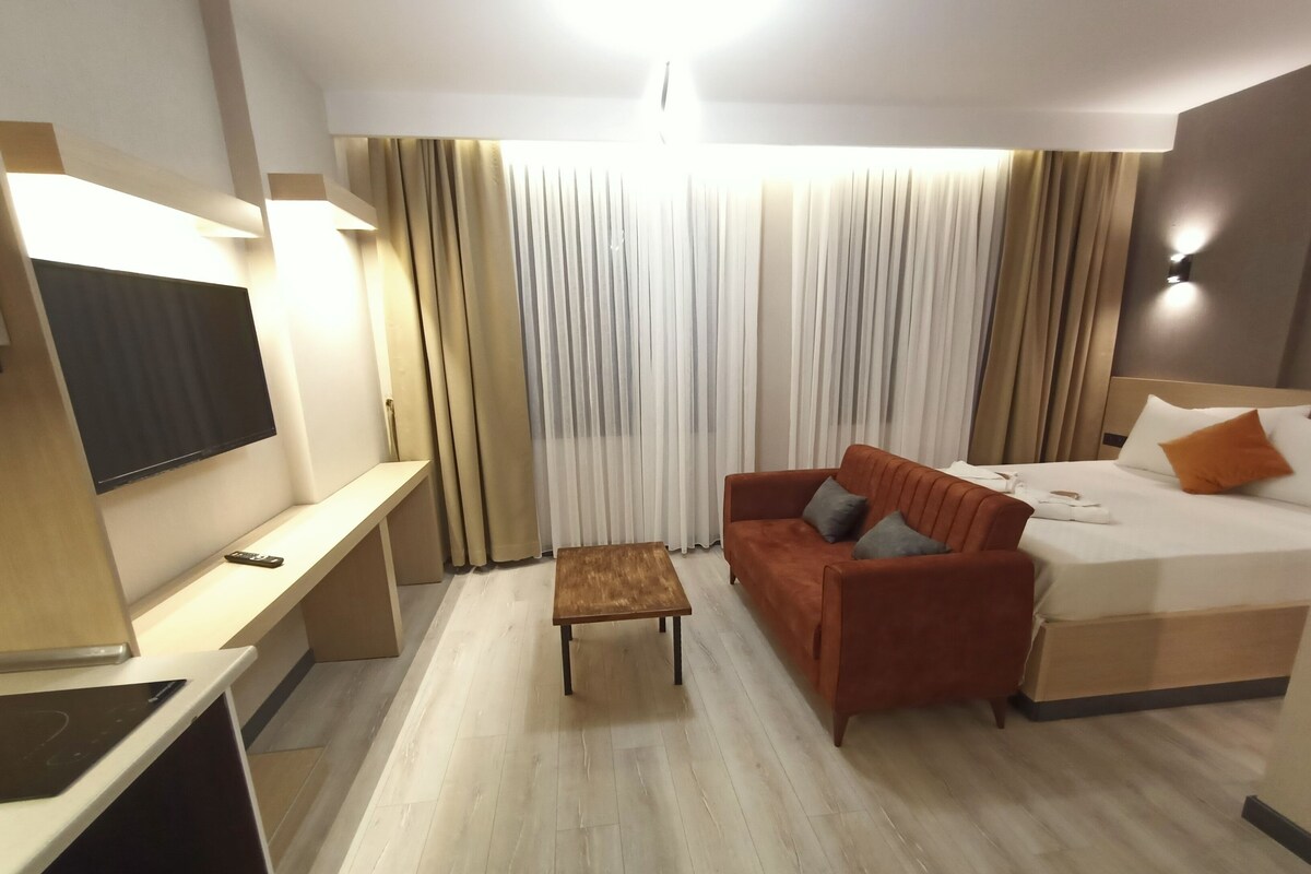 A hotel room with a bed, a sofa, a TV, a desk, and a small table.