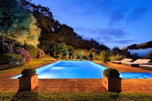 Seasonal outdoor pool, pool umbrellas, pool loungers