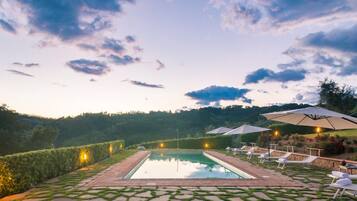 Seasonal outdoor pool, pool umbrellas, pool loungers