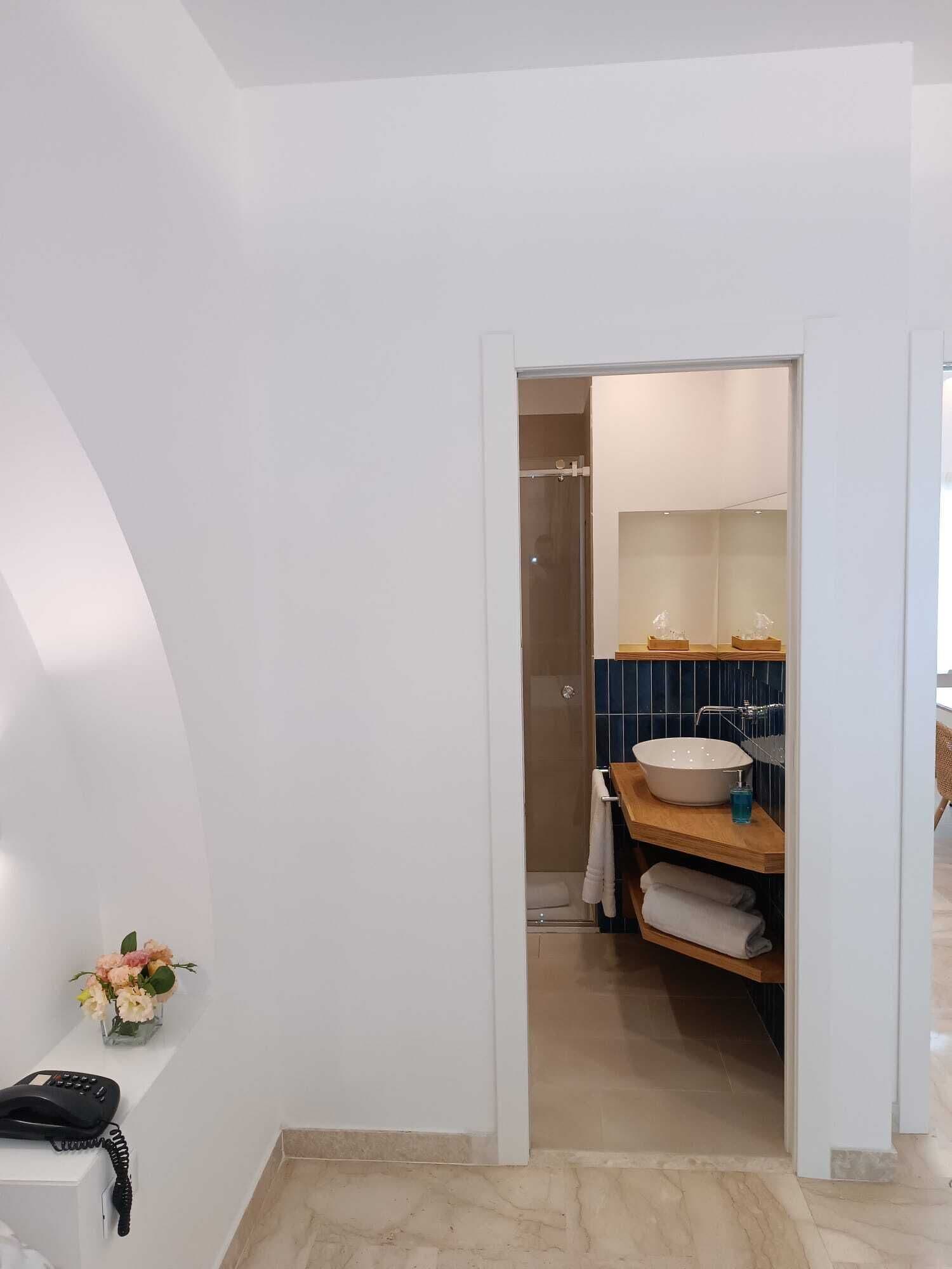 Een moderne badkamer met een grote witte wastafel, een douchegedeelte betegeld met blauwe tegels en een houten wastafelmeubel.