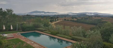 Seasonal outdoor pool, pool umbrellas, pool loungers