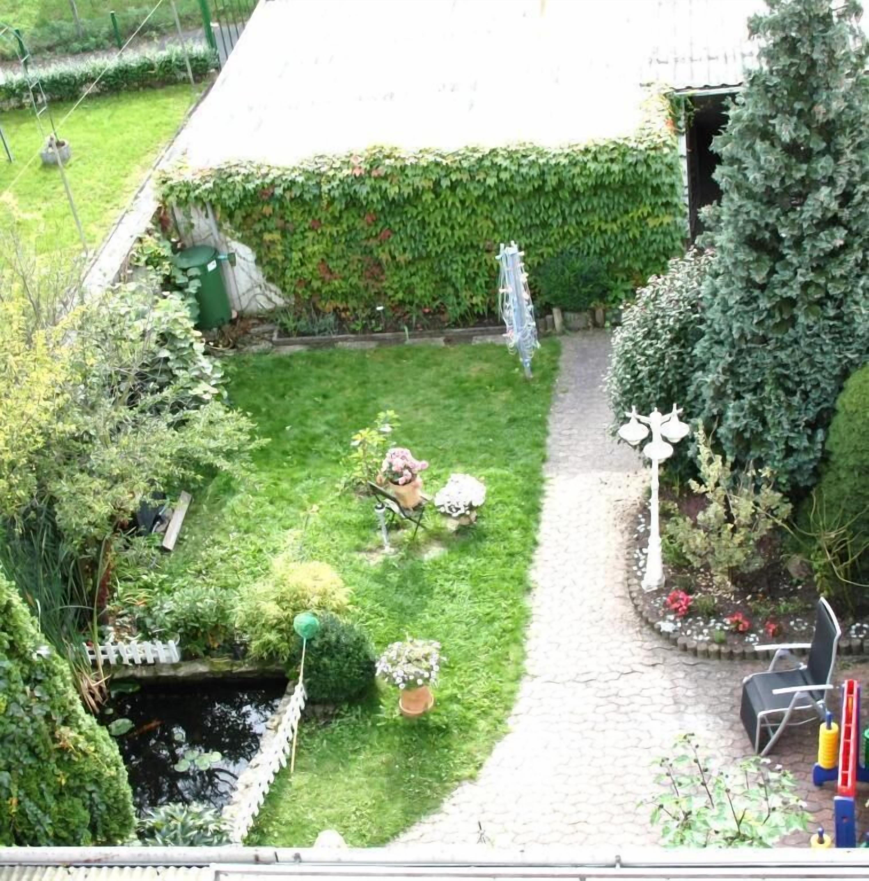 A garden with a paved path, a small pond, and various plants.