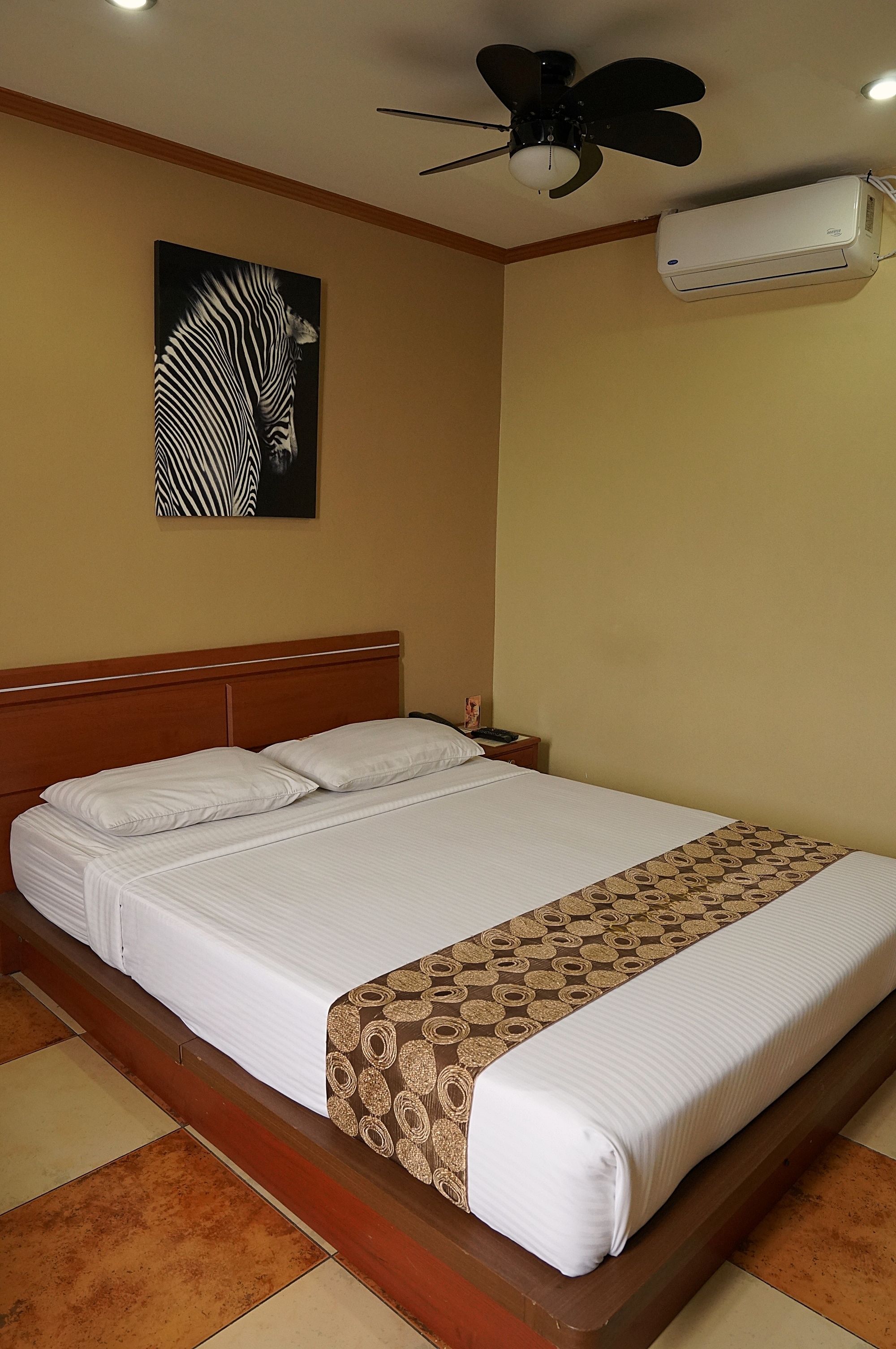 Ein Hotelzimmer mit Bett, Deckenventilator, Klimaanlage und einem Zebrabild an der Wand.