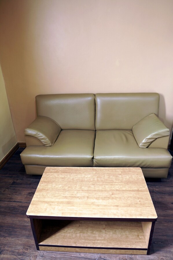 Un sofá de cuero color beige con dos cojines frente a una pared lisa, una mesa de centro de madera y un suelo de madera oscura.