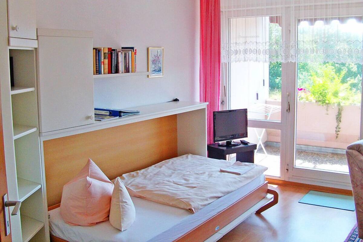 A bedroom with a bed, a TV, a bookshelf, and a window with a view of greenery.