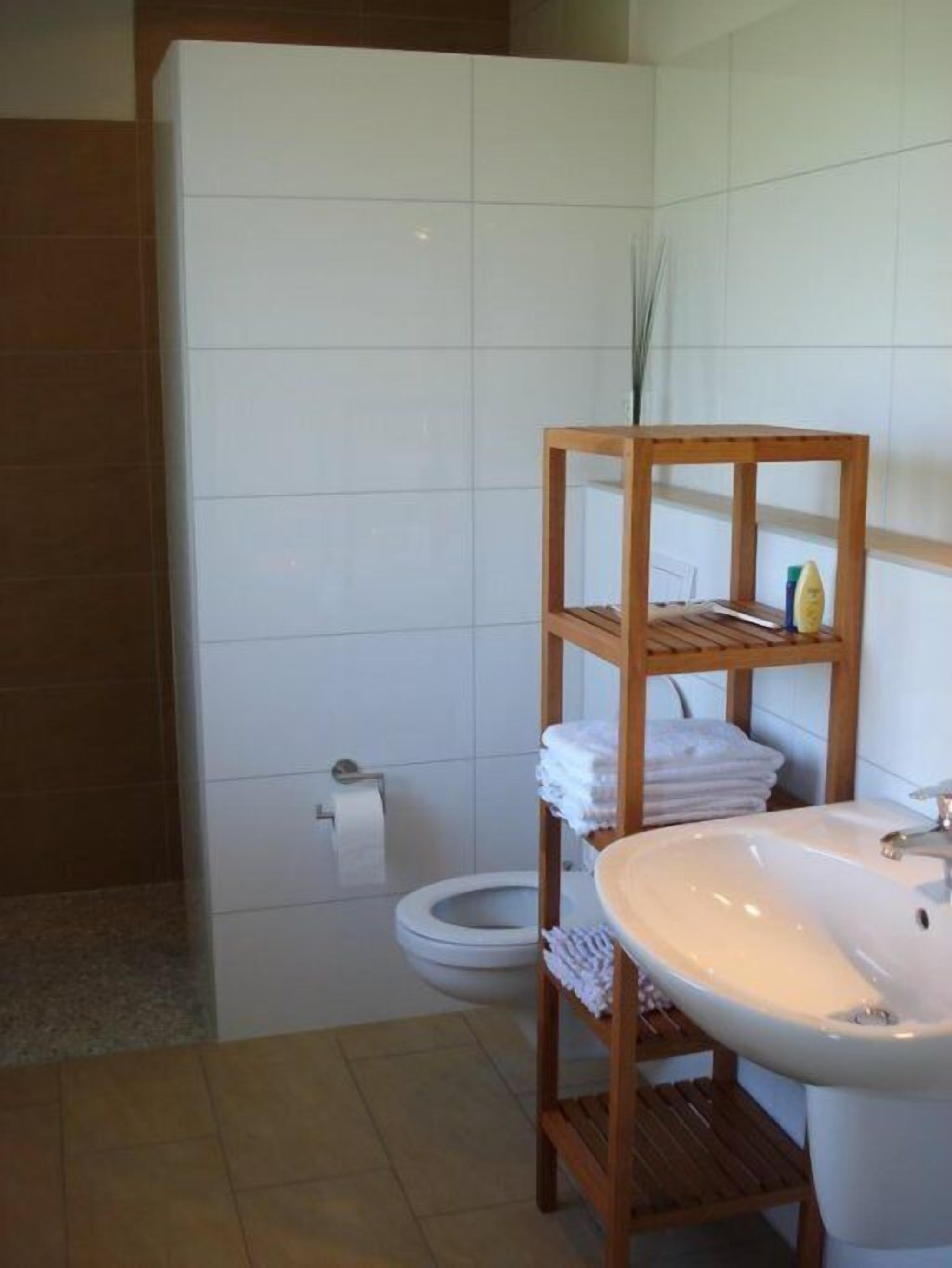 A bathroom with a wooden shelf holding towels and toiletries, a white sink, and a toilet.