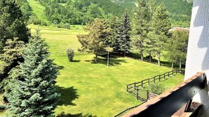 Un paysage de montagne avec une zone herbeuse et des arbres.