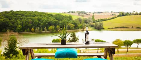 A wooden picnic table with turquoise cushions, a potted plant, and a bottle of water, overlooking a lake and green hills.