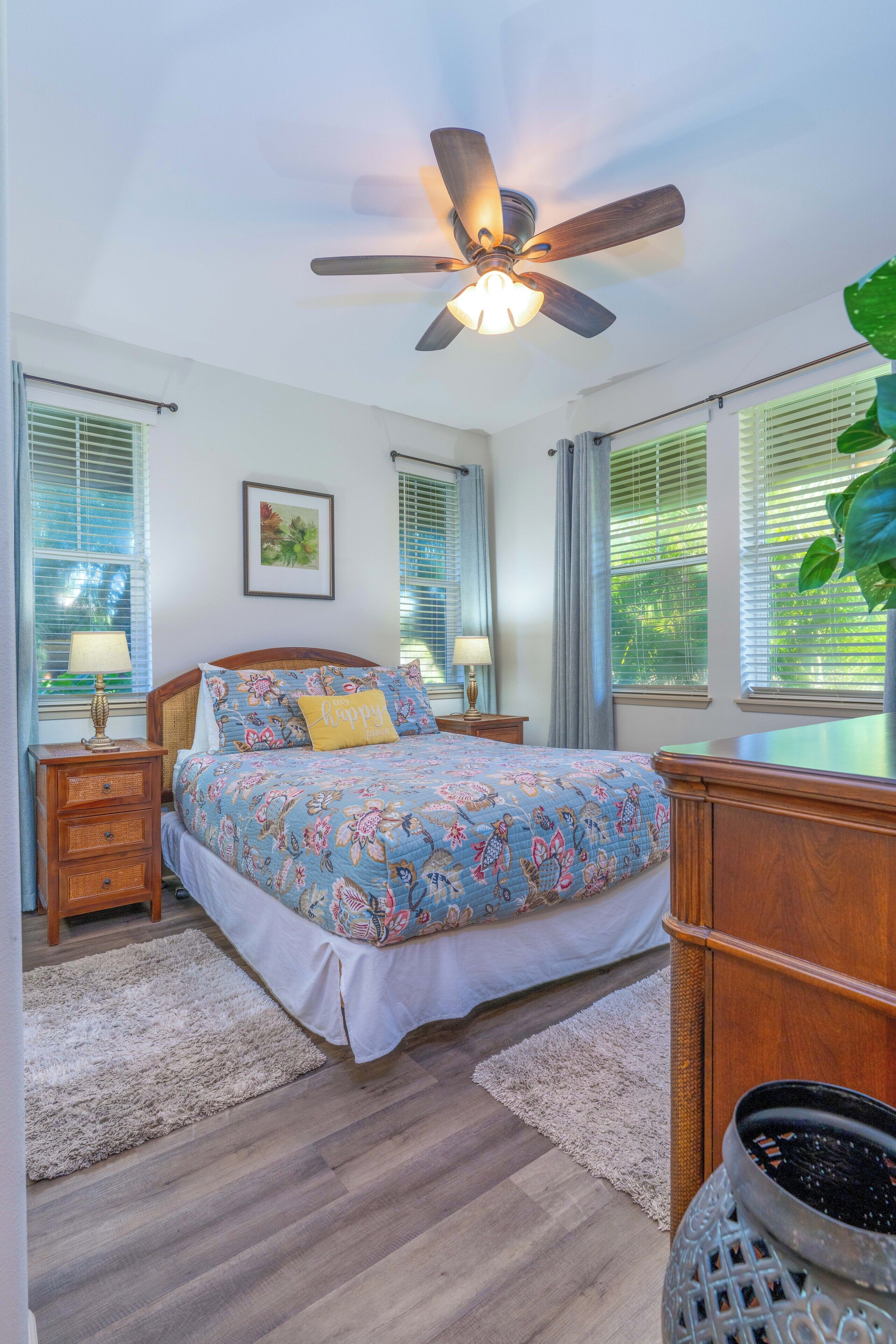 3 bedrooms, blackout drapes, iron/ironing board, internet