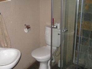 Bathroom features a shower enclosure with a glass door and a toilet.