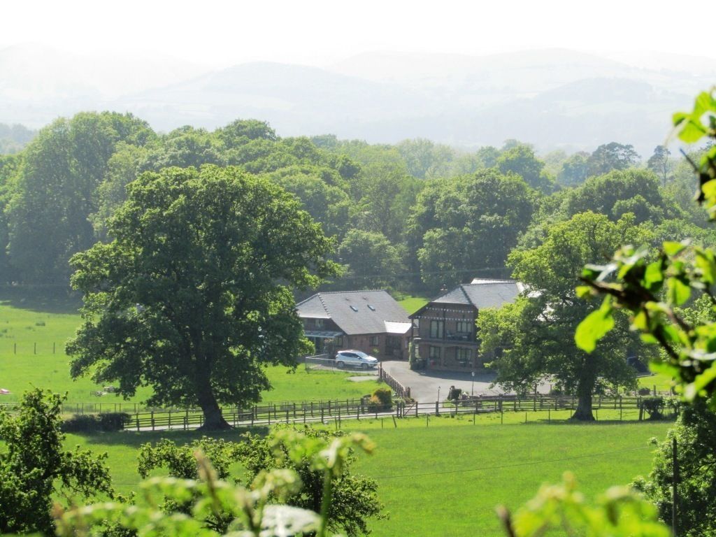 A rural landscape with a large tree, a farmhouse, and a car in the foreground.