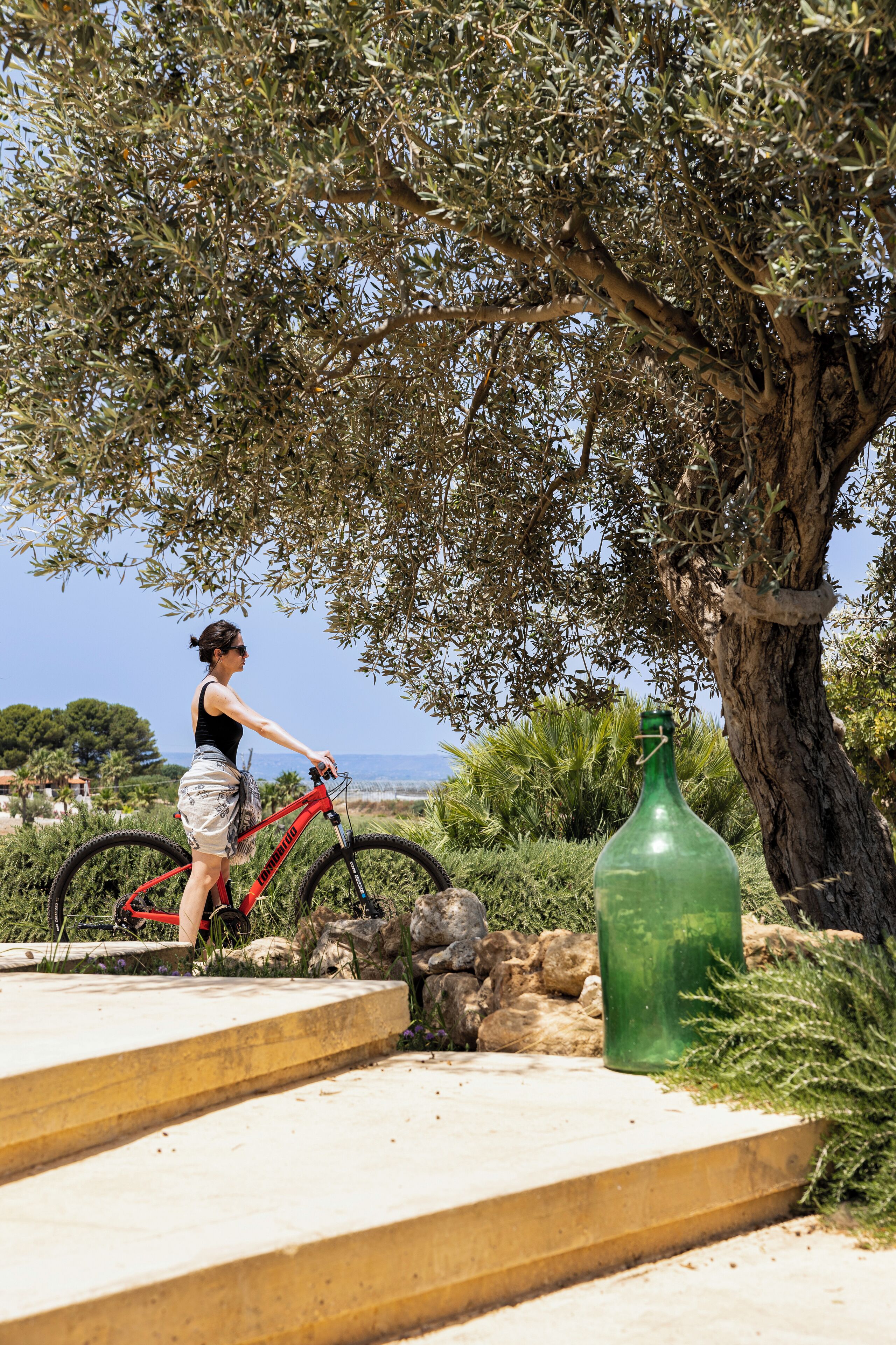 Une personne à vélo, près d’un arbre, et une bouteille verte posée sur des marches.