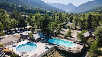 Seasonal outdoor pool, pool umbrellas, pool loungers