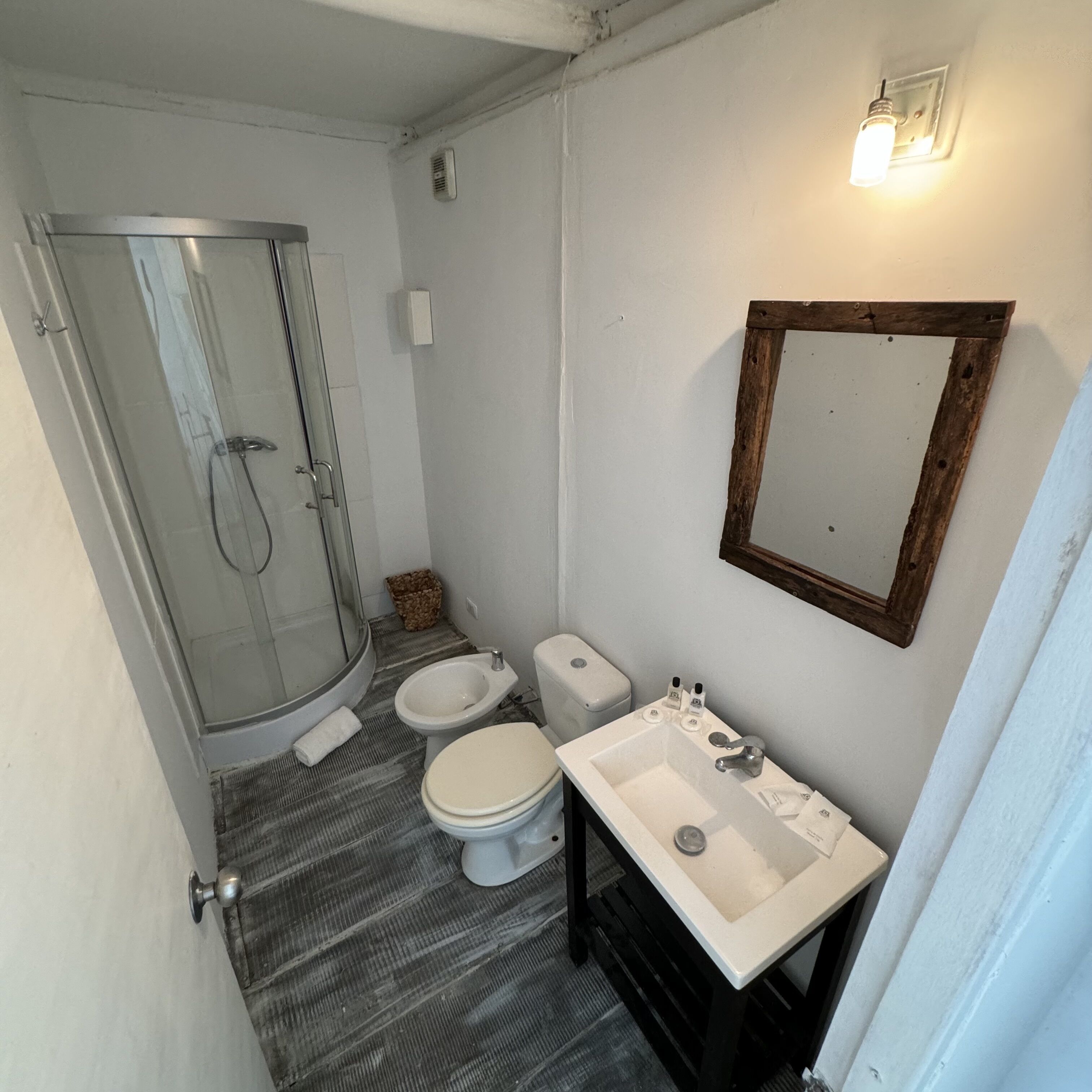 Et kompakt badeværelse med en glasvæg omkring brusebadet, toilet, vask og et spejl på væggen.