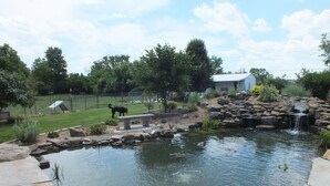 A pond with a waterfall, surrounded by rocks and plants. - Montrose Farms Alpaca Ranch (Brownsburg)